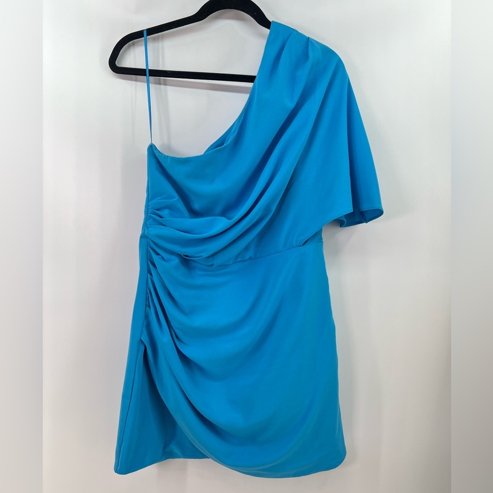 DO+BE Bright Blue One-Shoulder Draped Wrap Mini Cocktail Dress L Large - Picture 6 of 13